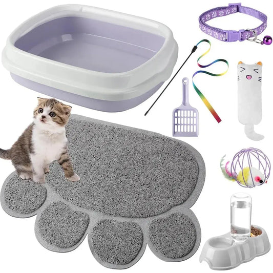 7 Pcs Small Cat Kitten Starter Litter Box with Shovel, Litter Mat, Double Automatic Bowls and Toy Dropshipman