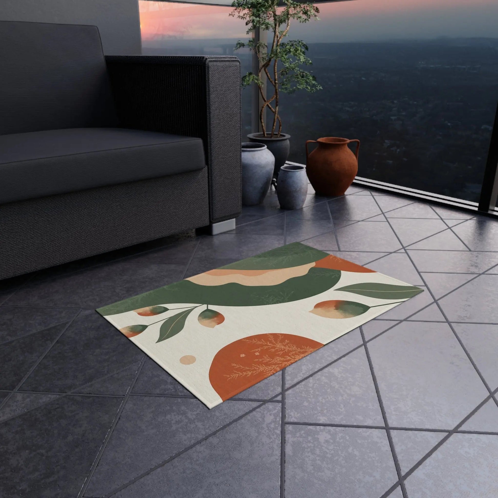 Abstract Botanical Outdoor Rug — Green & Terracotta Patio Mat - FloofChonk