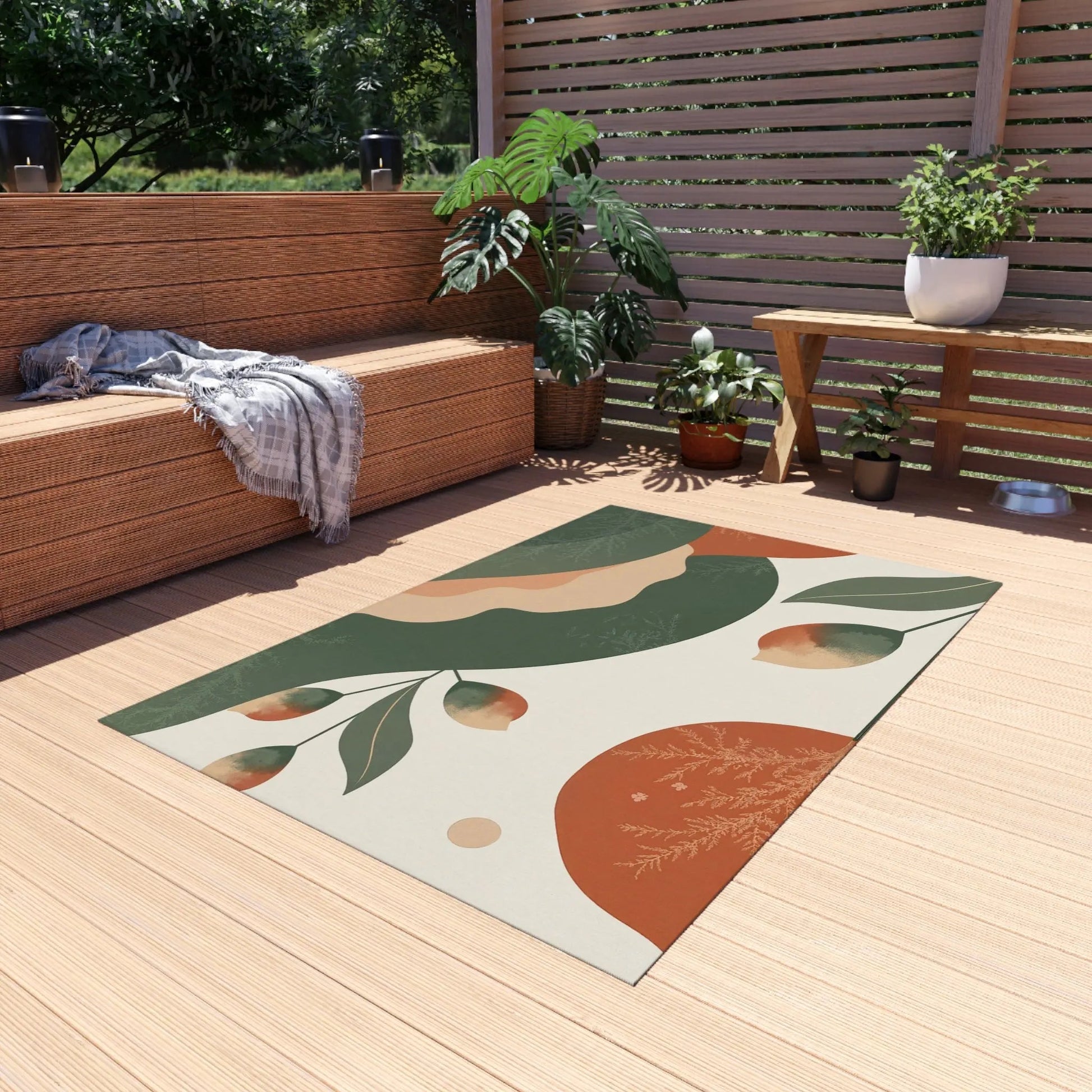 Abstract Botanical Outdoor Rug — Green & Terracotta Patio Mat - FloofChonk
