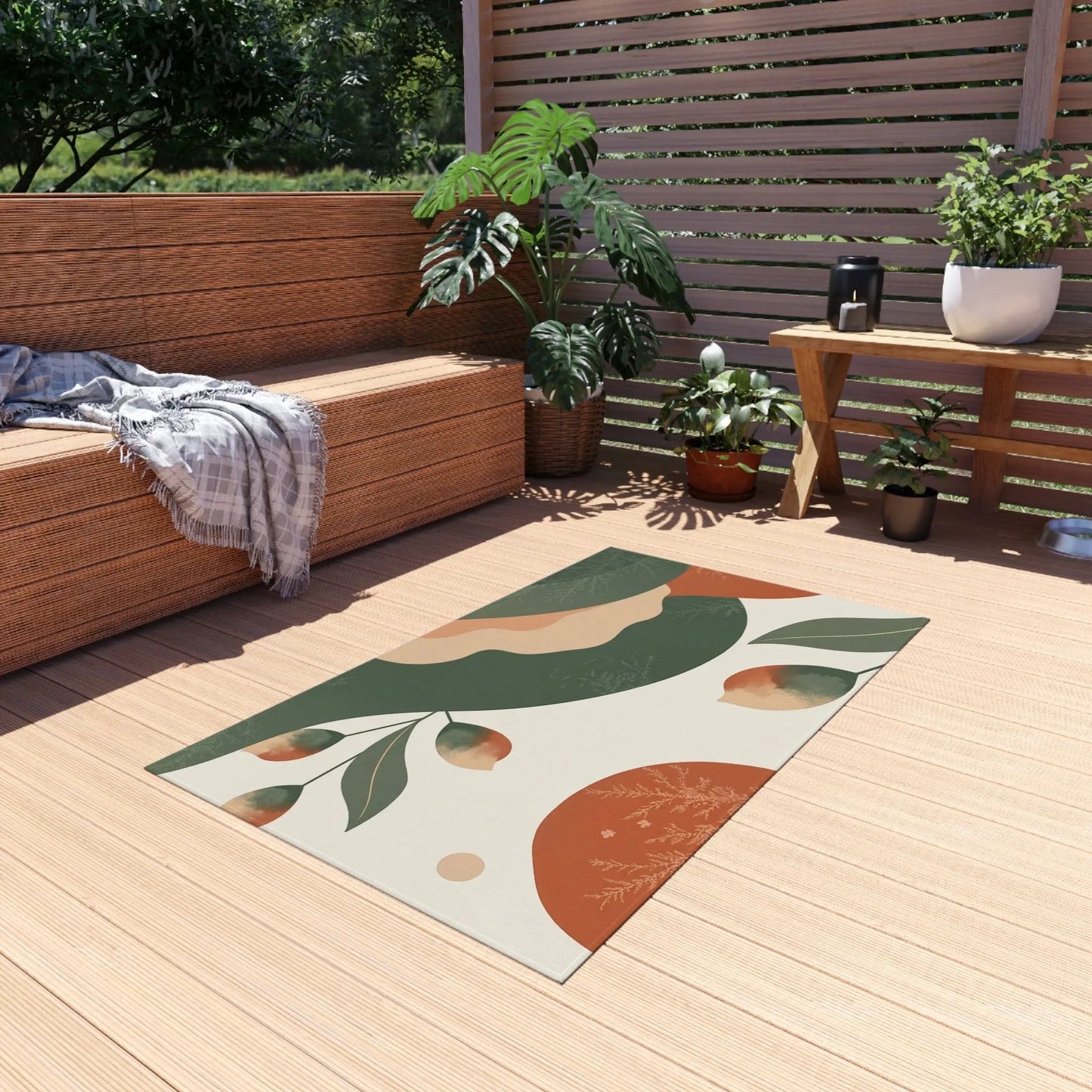 Abstract Botanical Outdoor Rug — Green & Terracotta Patio Mat - FloofChonk