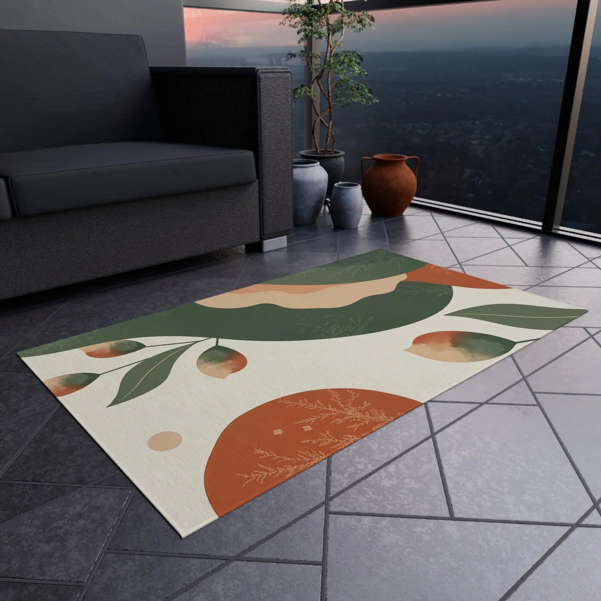 Abstract Botanical Outdoor Rug — Green & Terracotta Patio Mat - FloofChonk