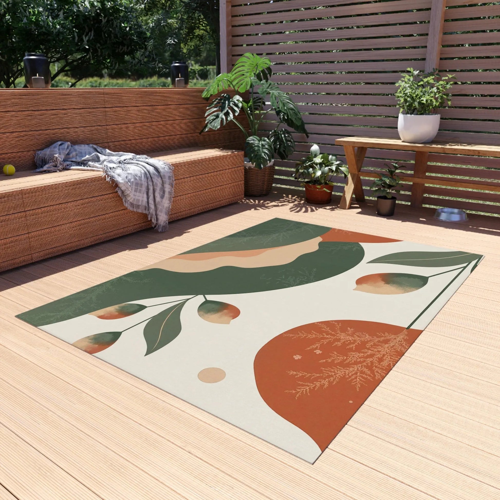 Abstract Botanical Outdoor Rug — Green & Terracotta Patio Mat - FloofChonk