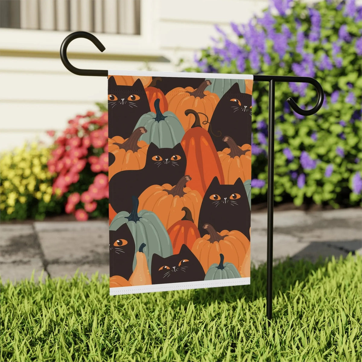 Autumn Garden Banner with Cats and Pumpkins, Seasonal Outdoor Decoration, Home & Garden Decor, Fall Harvest Flag, Halloween Patio Sign - FloofChonk