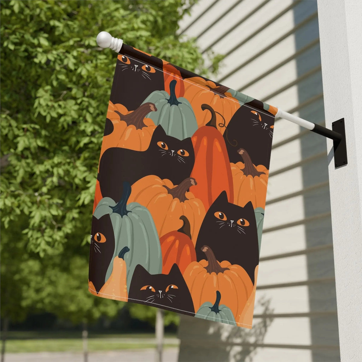 Autumn Garden Banner with Cats and Pumpkins, Seasonal Outdoor Decoration, Home & Garden Decor, Fall Harvest Flag, Halloween Patio Sign - FloofChonk