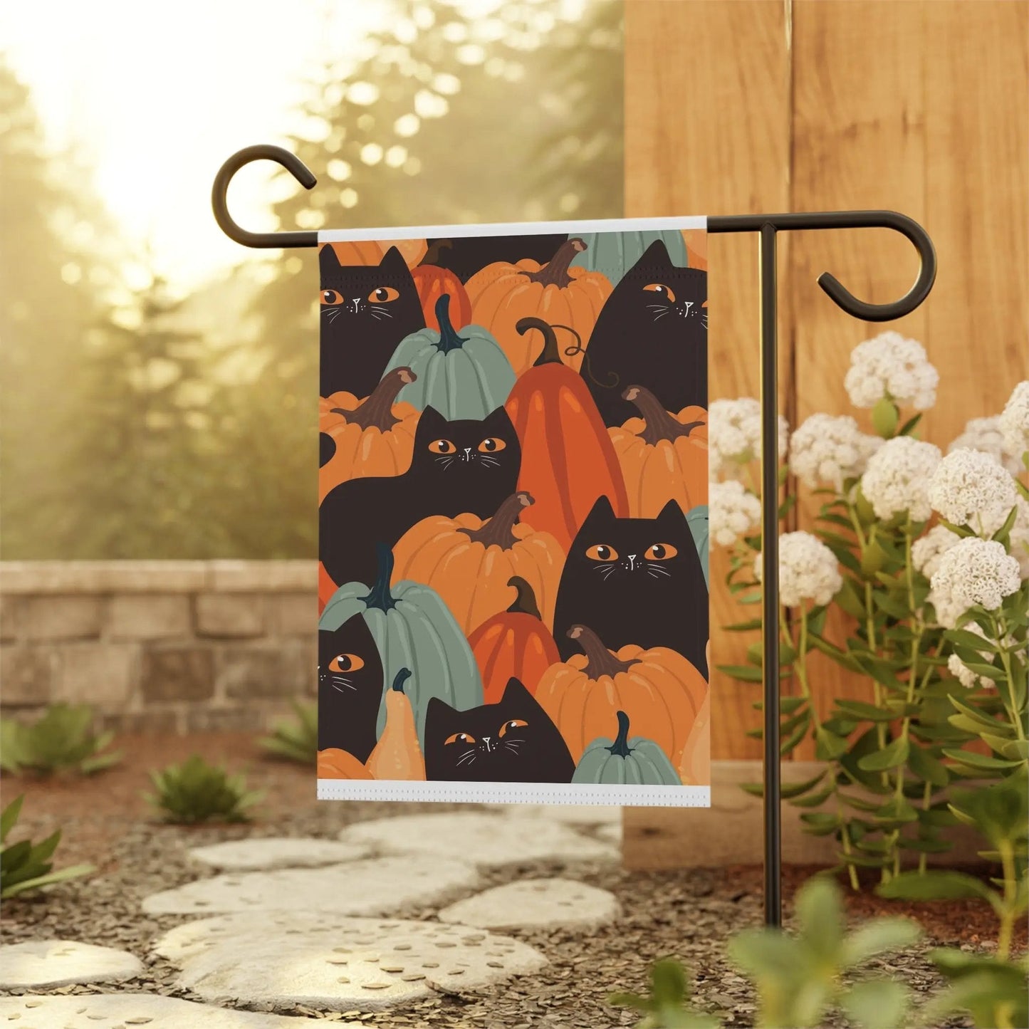 Autumn Garden Banner with Cats and Pumpkins, Seasonal Outdoor Decoration, Home & Garden Decor, Fall Harvest Flag, Halloween Patio Sign - FloofChonk