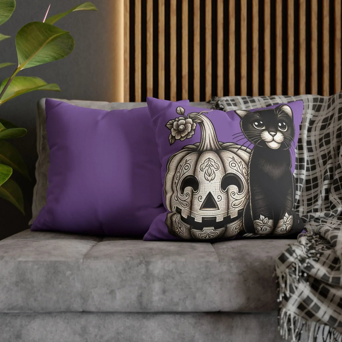Black Cat and Pumpkin Square Pillowcase, Faux Suede Halloween Pillow Cover, Multiple Sizes, Spooky Home Decor, Cat Lover Gift - FloofChonk