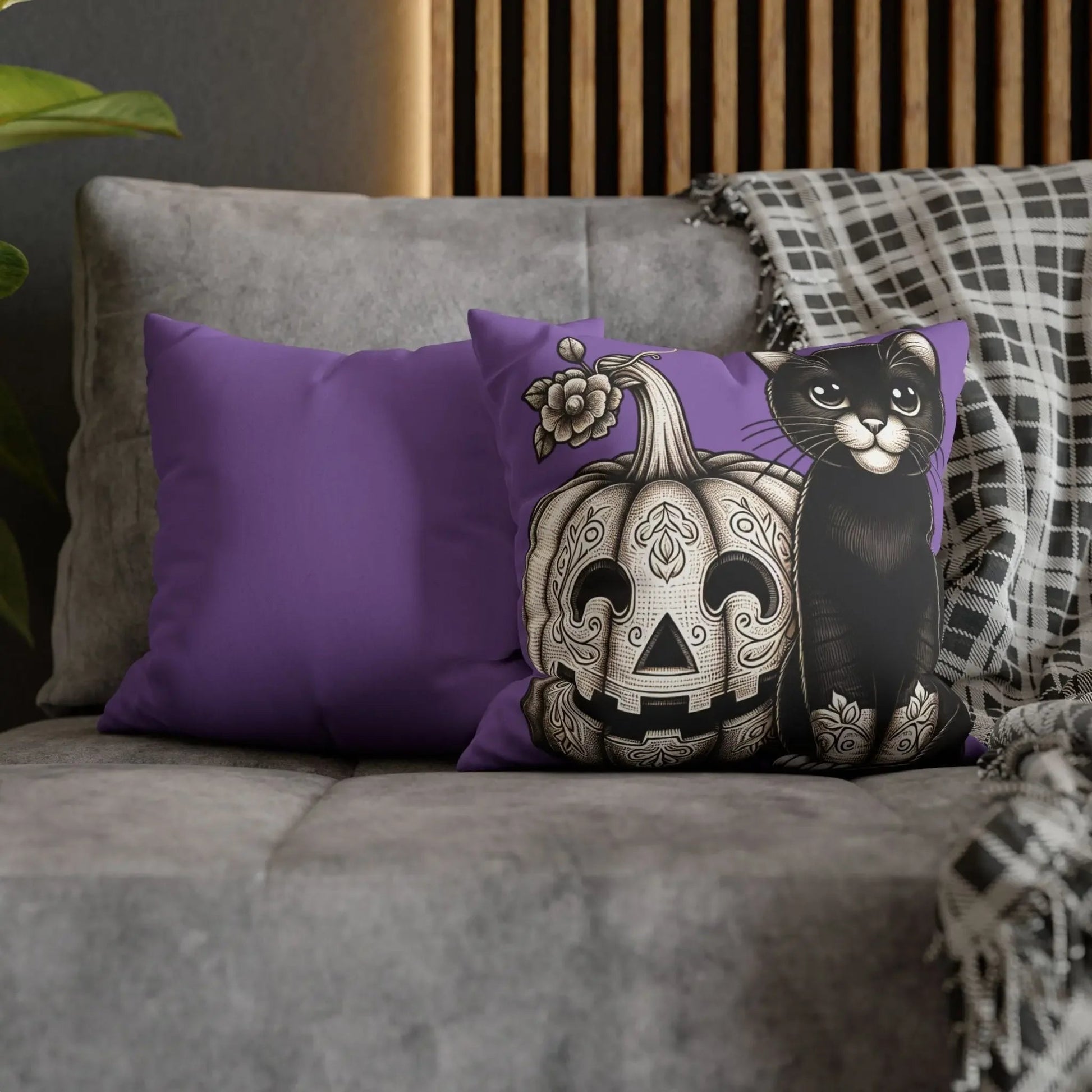 Black Cat and Pumpkin Square Pillowcase, Faux Suede Halloween Pillow Cover, Multiple Sizes, Spooky Home Decor, Cat Lover Gift - FloofChonk