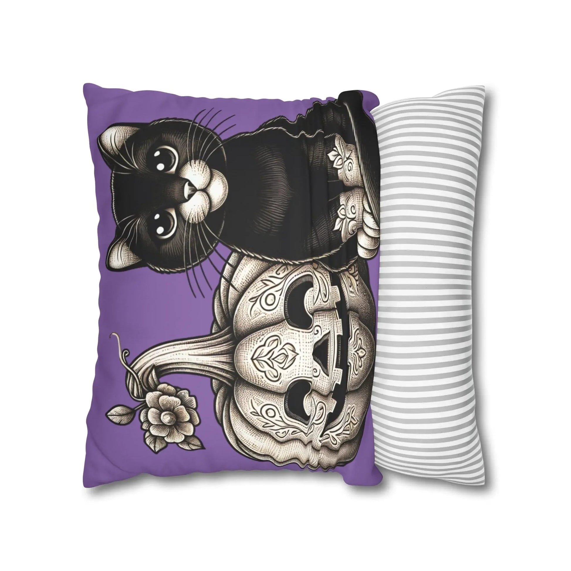 Black Cat and Pumpkin Square Pillowcase, Faux Suede Halloween Pillow Cover, Multiple Sizes, Spooky Home Decor, Cat Lover Gift - FloofChonk