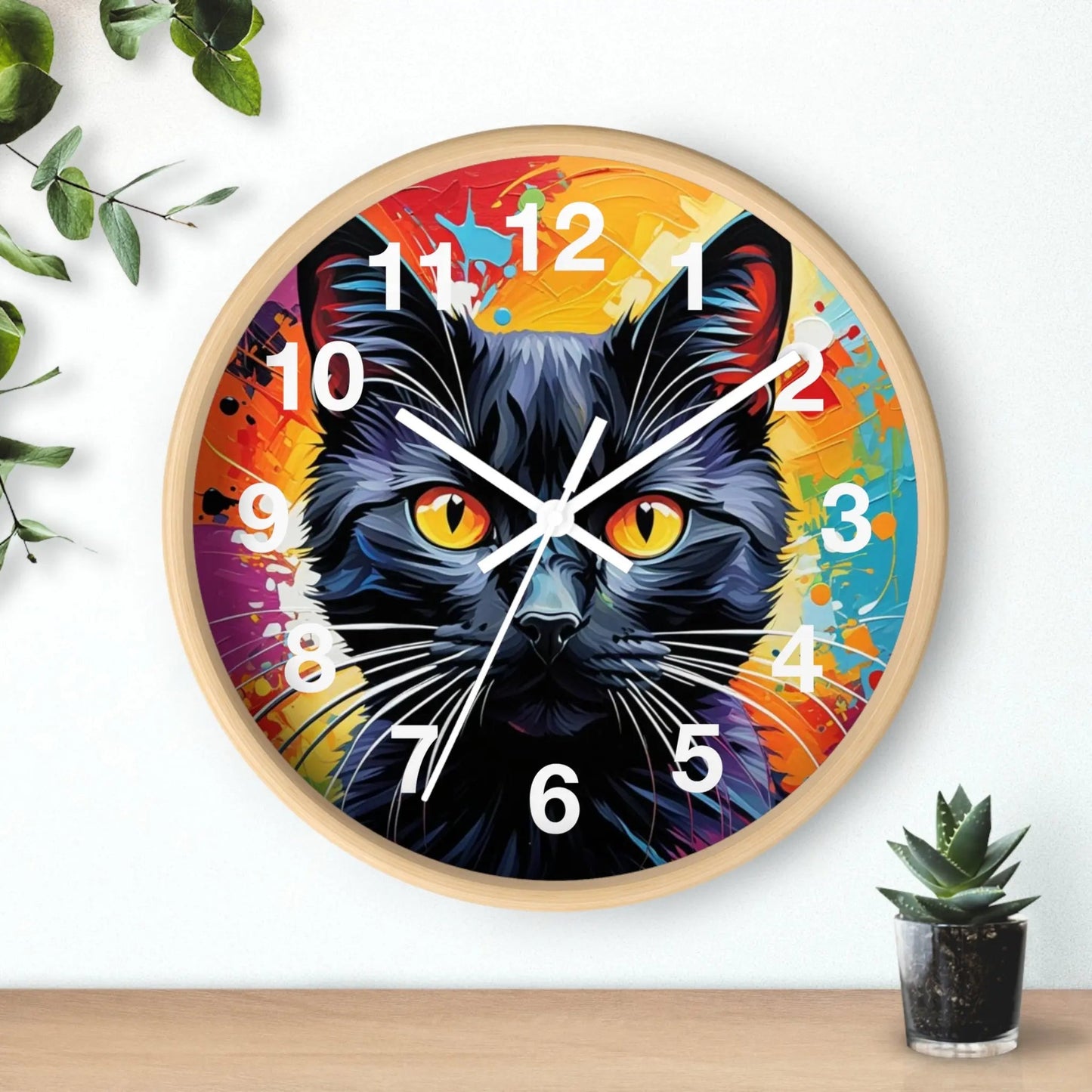 Black Cat Wall Clock — Colorful Pop Art Cat Clock with Yellow Eyes - FloofChonk