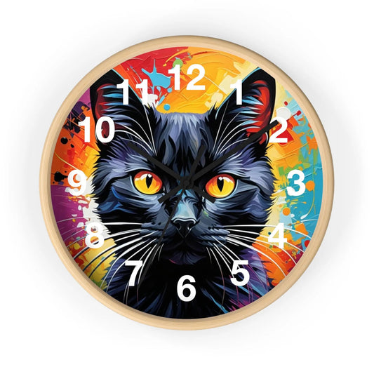 Black Cat Wall Clock — Colorful Pop Art Cat Clock with Yellow Eyes - FloofChonk