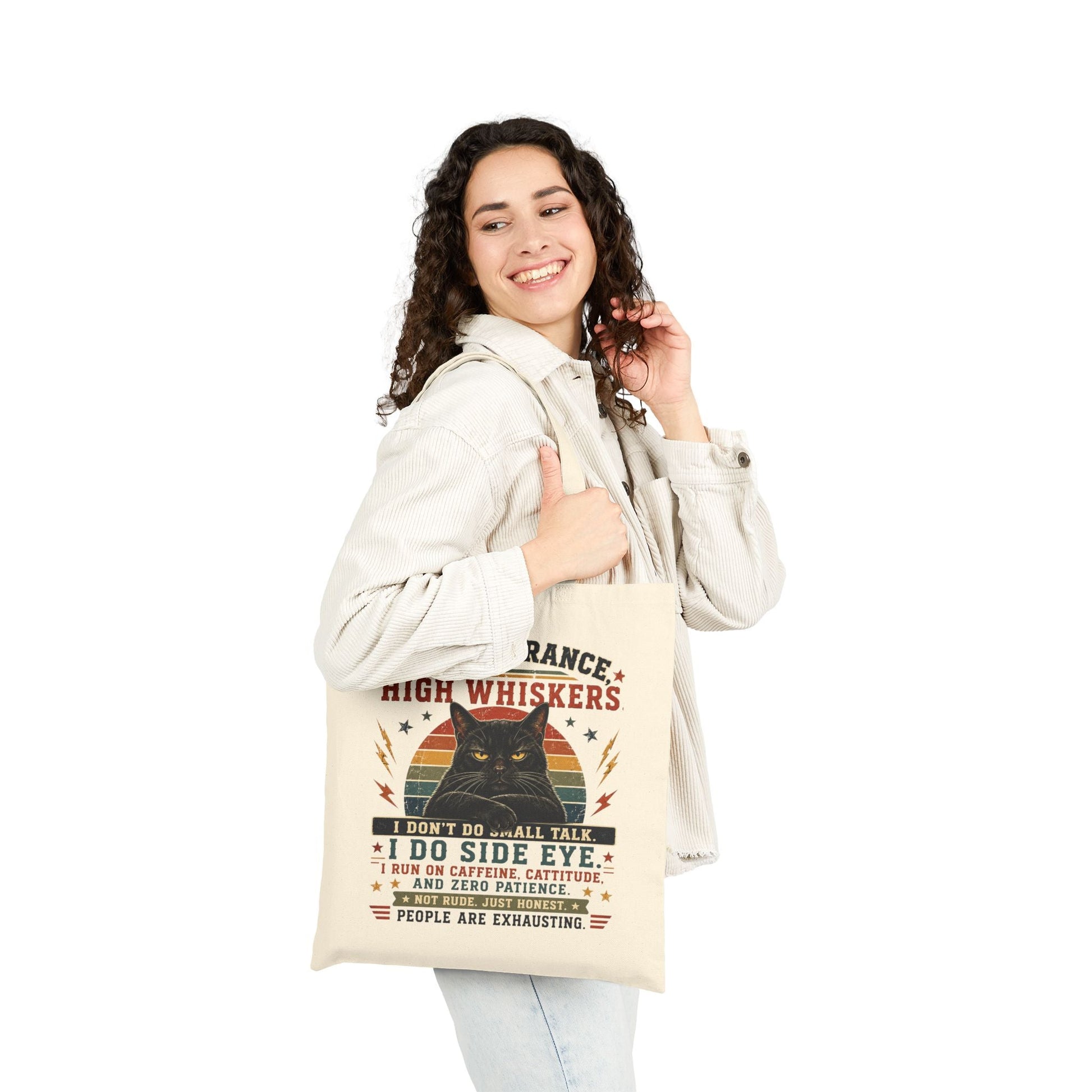 Canvas Tote Bag – "Low Tolerance, High Whiskers" Cat Tote | Funny Cat Lover Gift - FloofChonk