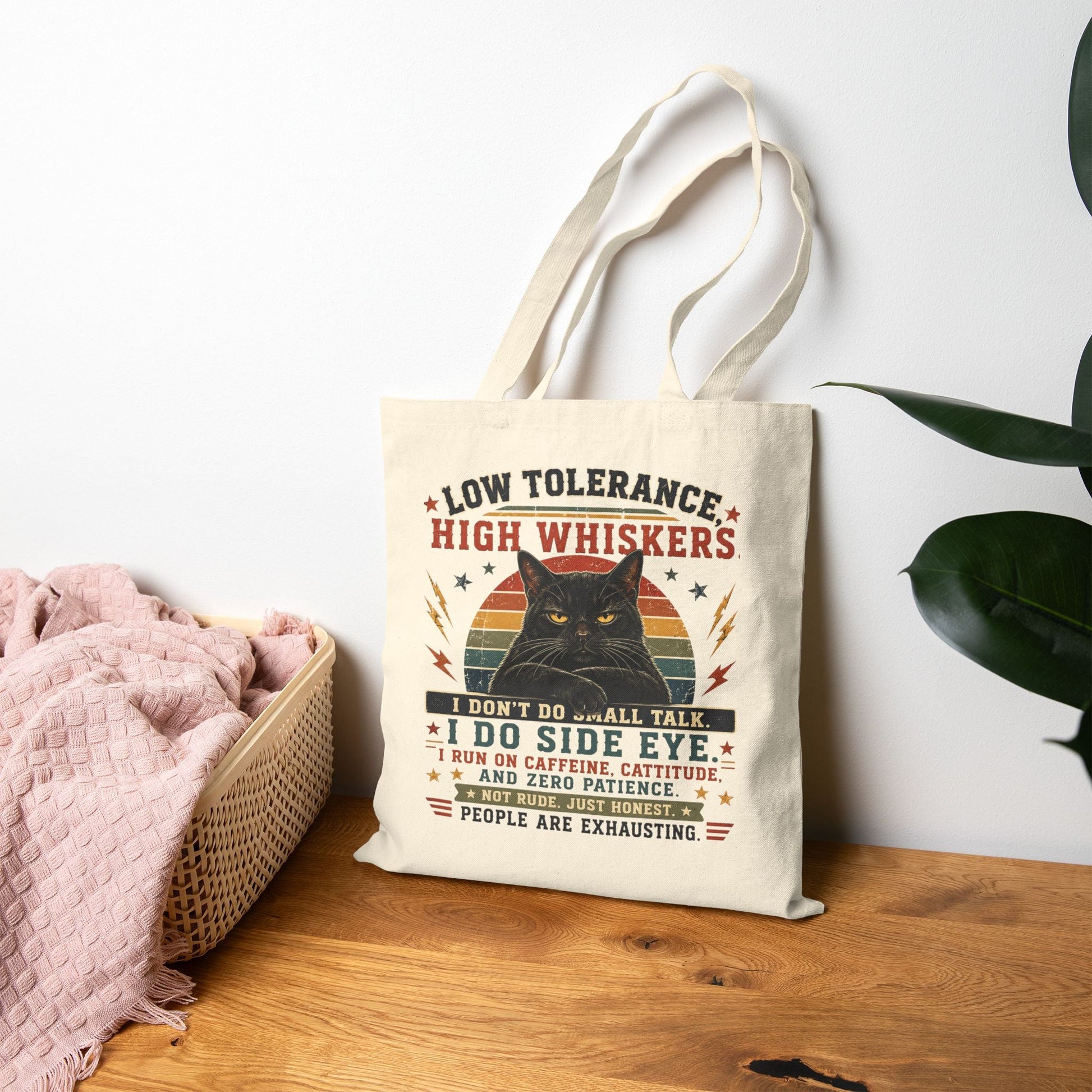 Canvas Tote Bag – "Low Tolerance, High Whiskers" Cat Tote | Funny Cat Lover Gift - FloofChonk