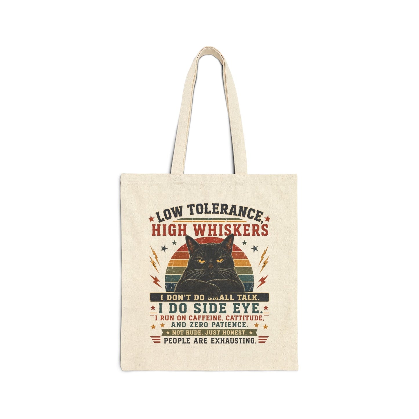 Canvas Tote Bag – "Low Tolerance, High Whiskers" Cat Tote | Funny Cat Lover Gift - FloofChonk