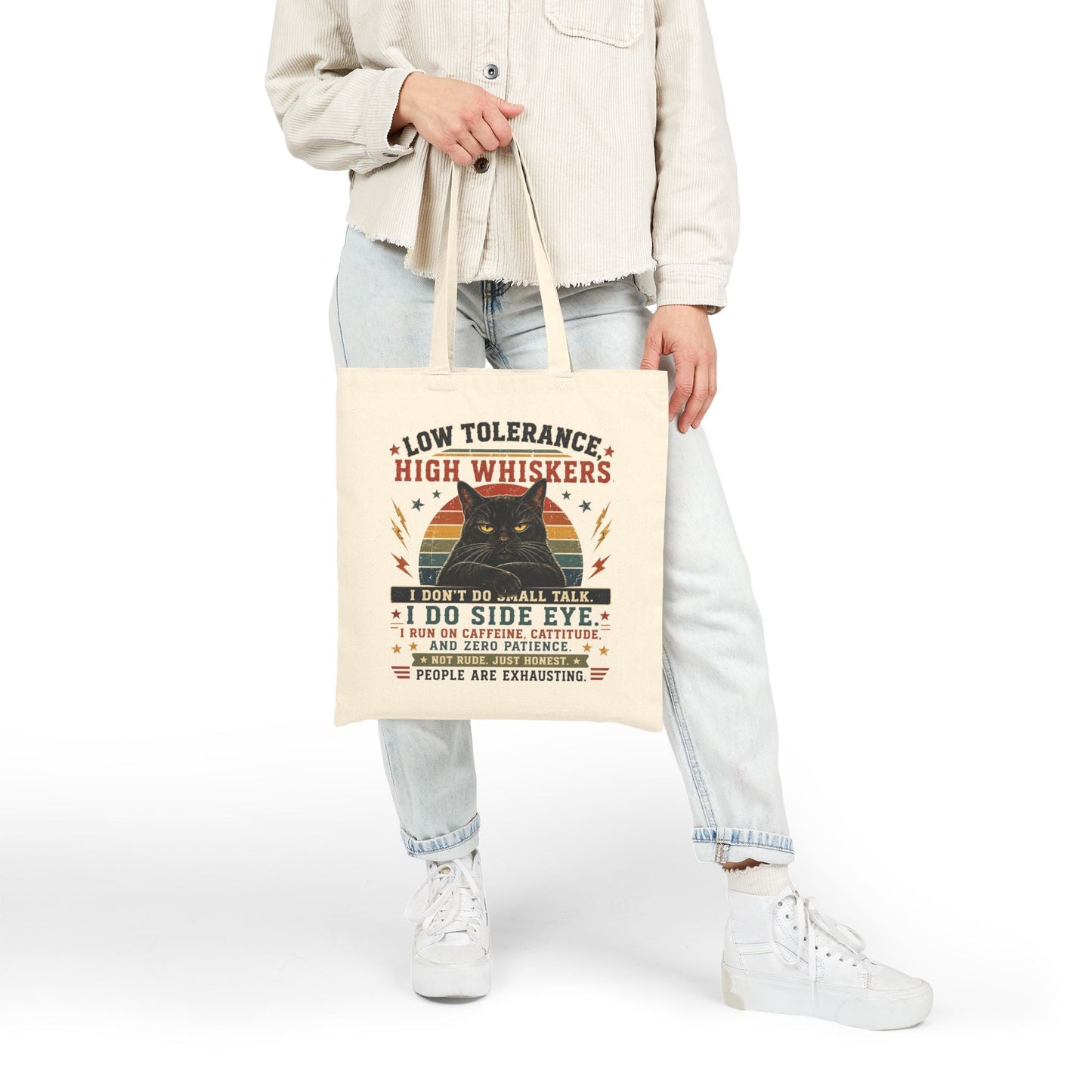 Canvas Tote Bag – "Low Tolerance, High Whiskers" Cat Tote | Funny Cat Lover Gift - FloofChonk