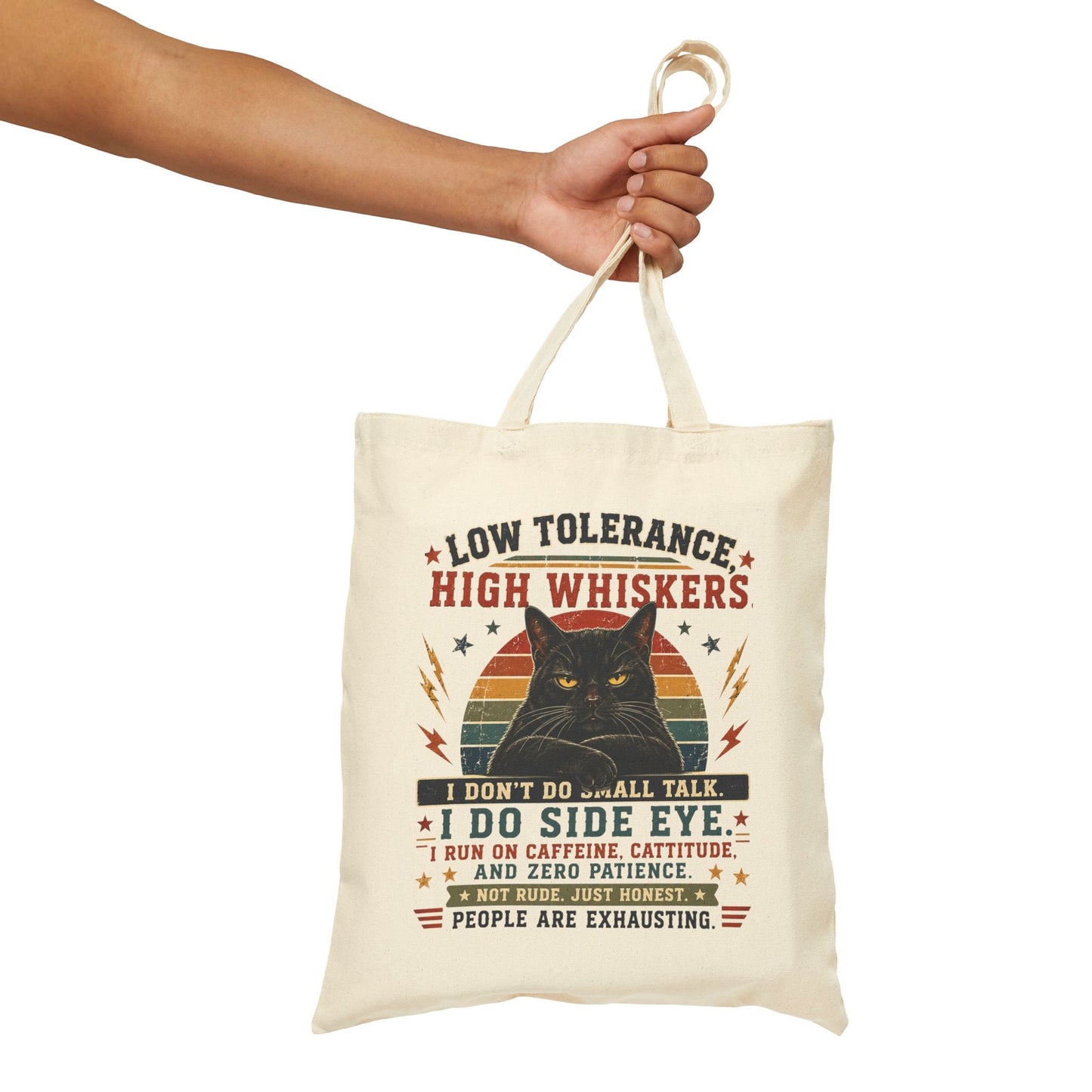 Canvas Tote Bag – "Low Tolerance, High Whiskers" Cat Tote | Funny Cat Lover Gift - FloofChonk