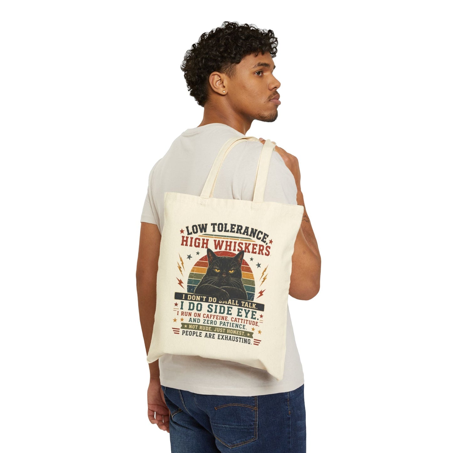 Canvas Tote Bag – "Low Tolerance, High Whiskers" Cat Tote | Funny Cat Lover Gift - FloofChonk