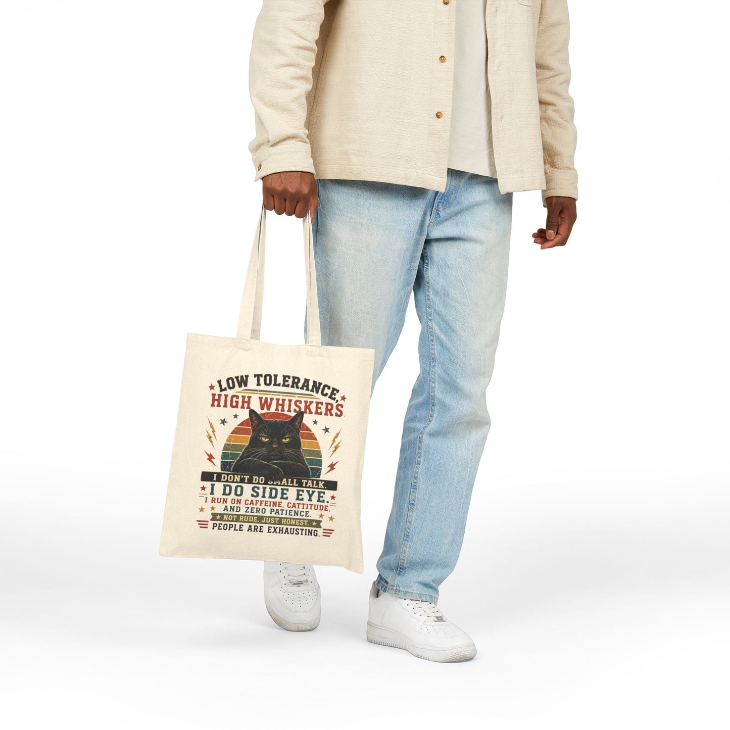 Canvas Tote Bag – "Low Tolerance, High Whiskers" Cat Tote | Funny Cat Lover Gift - FloofChonk