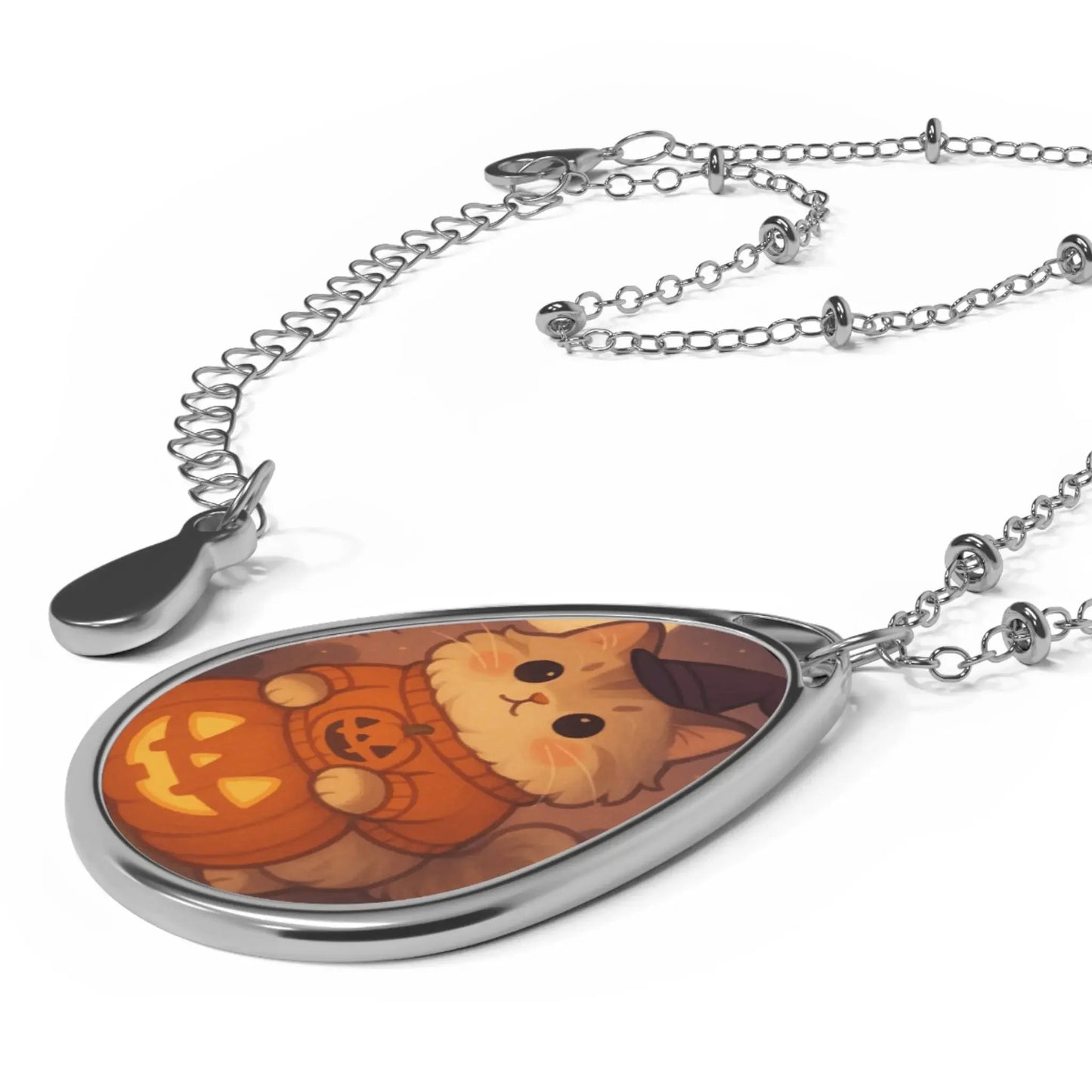 Cat Halloween Oval Necklace, Pet Lover Jewelry, Pumpkin Pendant, Cute Gifts for Fall, Cat Themed Accessories, Halloween Celebration - FloofChonk