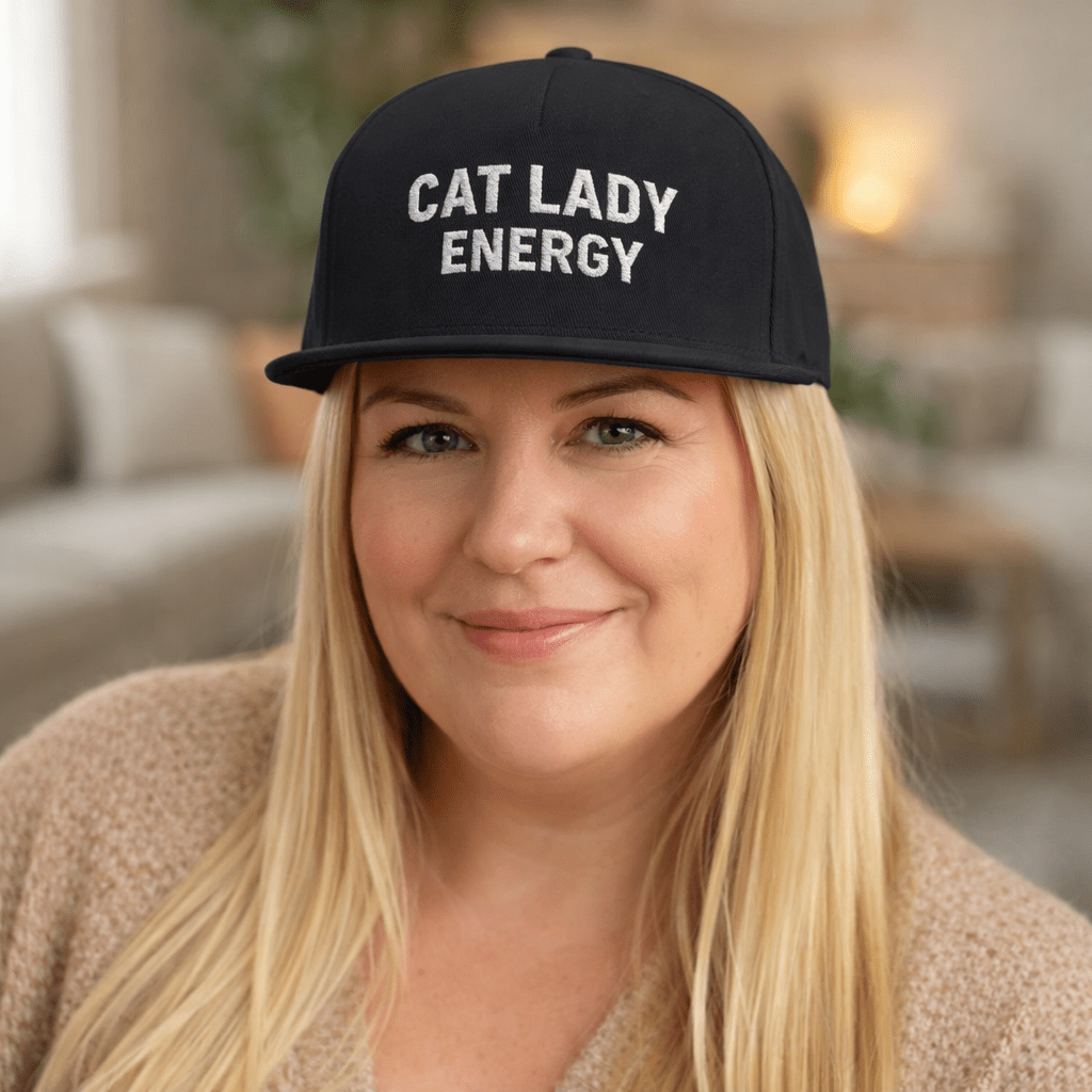Cat Lady Energy Flat Bill Cap – Embroidered Snapback Hat - FloofChonk