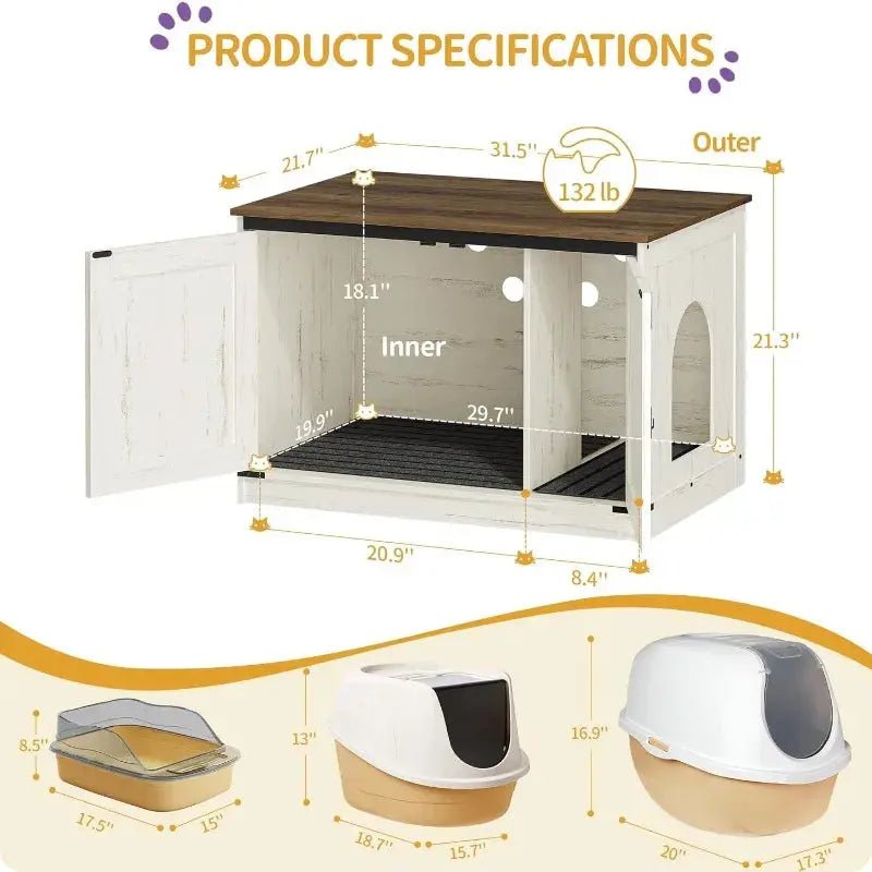 Cat Litter Box Enclosure with Cushion, Hidden Litter Box Furniture with Removable Dividers, Reversible Entrance Left or Right Si - FloofChonk