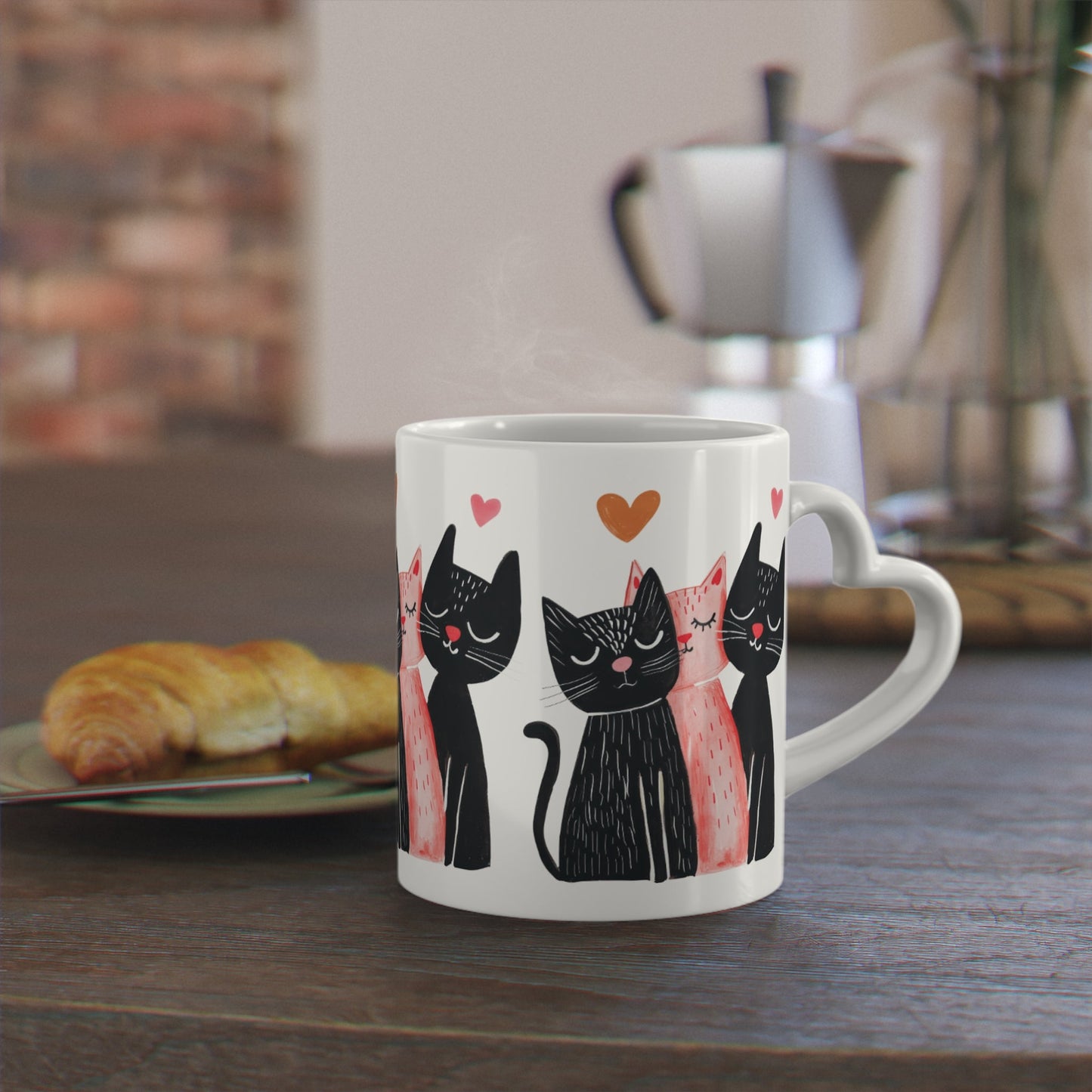 Cat Love Mug — Cute Black & Pink Cats with Hearts Coffee Cup - FloofChonk