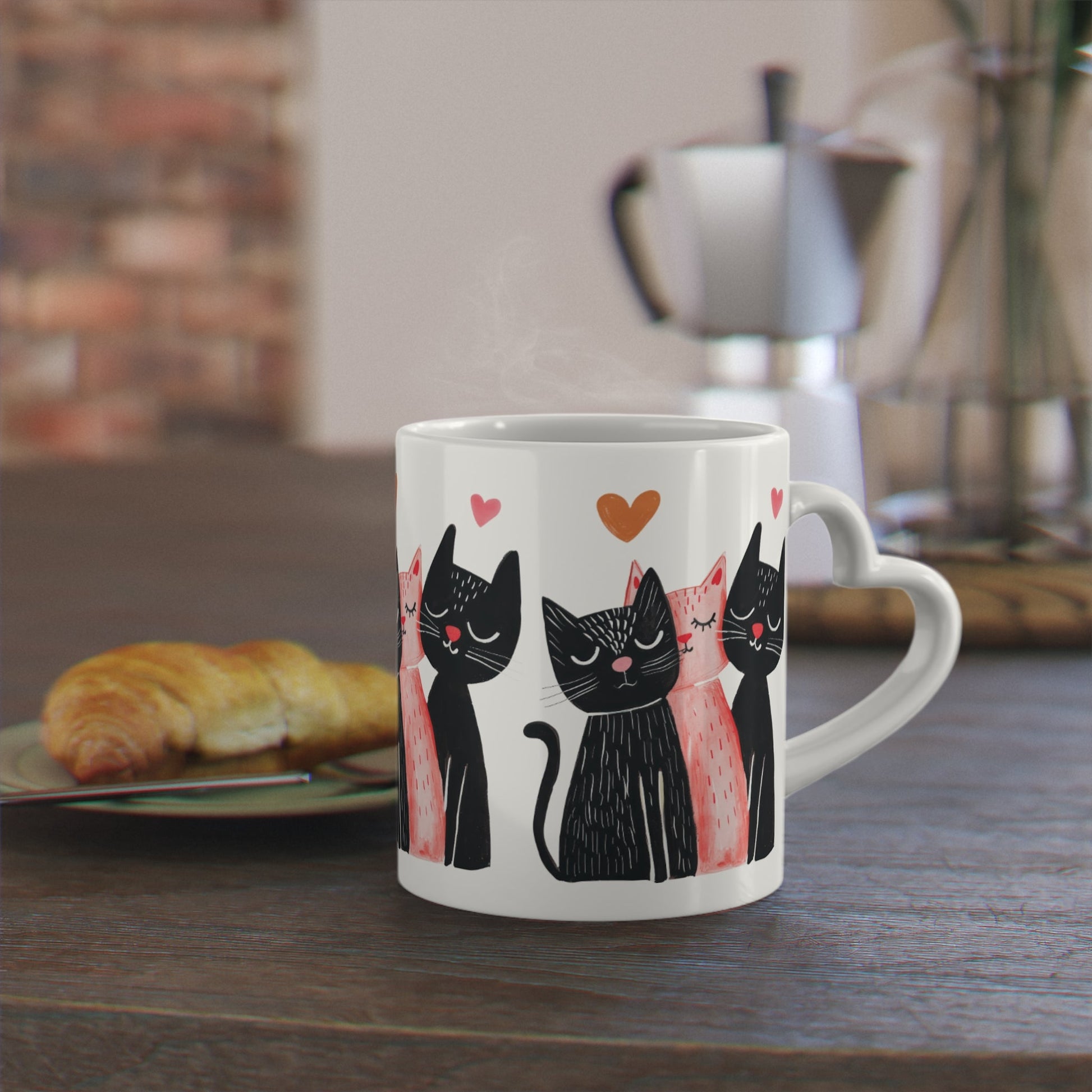Cat Love Mug — Cute Black & Pink Cats with Hearts Coffee Cup - FloofChonk