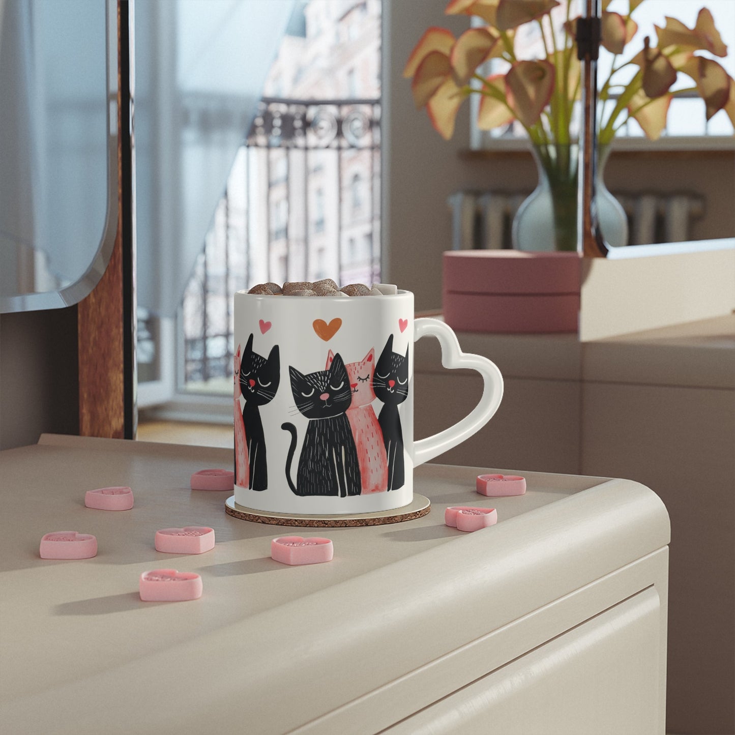 Cat Love Mug — Cute Black & Pink Cats with Hearts Coffee Cup - FloofChonk