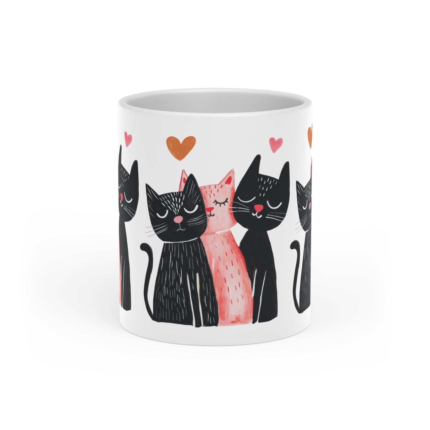 Cat Love Mug — Cute Black & Pink Cats with Hearts Coffee Cup - FloofChonk