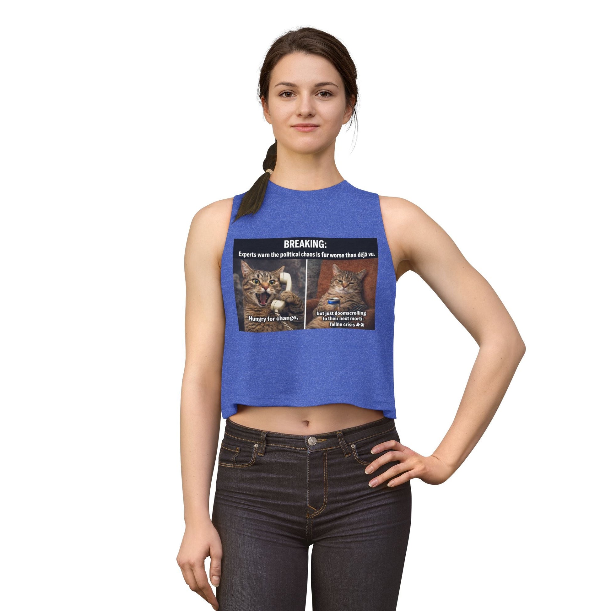 Cat Meme Crop Top — "BREAKING: Experts warn..." Humorous Political Chaos Graphic - FloofChonk