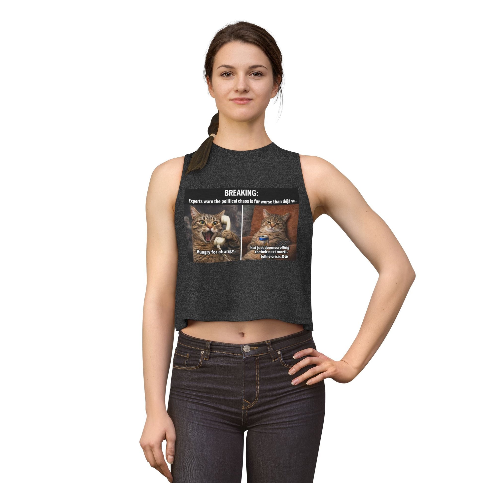 Cat Meme Crop Top — "BREAKING: Experts warn..." Humorous Political Chaos Graphic - FloofChonk