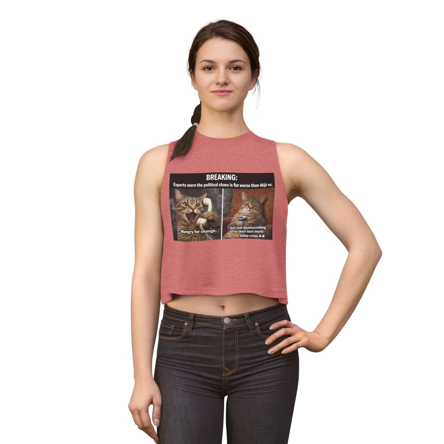 Cat Meme Crop Top — "BREAKING: Experts warn..." Humorous Political Chaos Graphic - FloofChonk