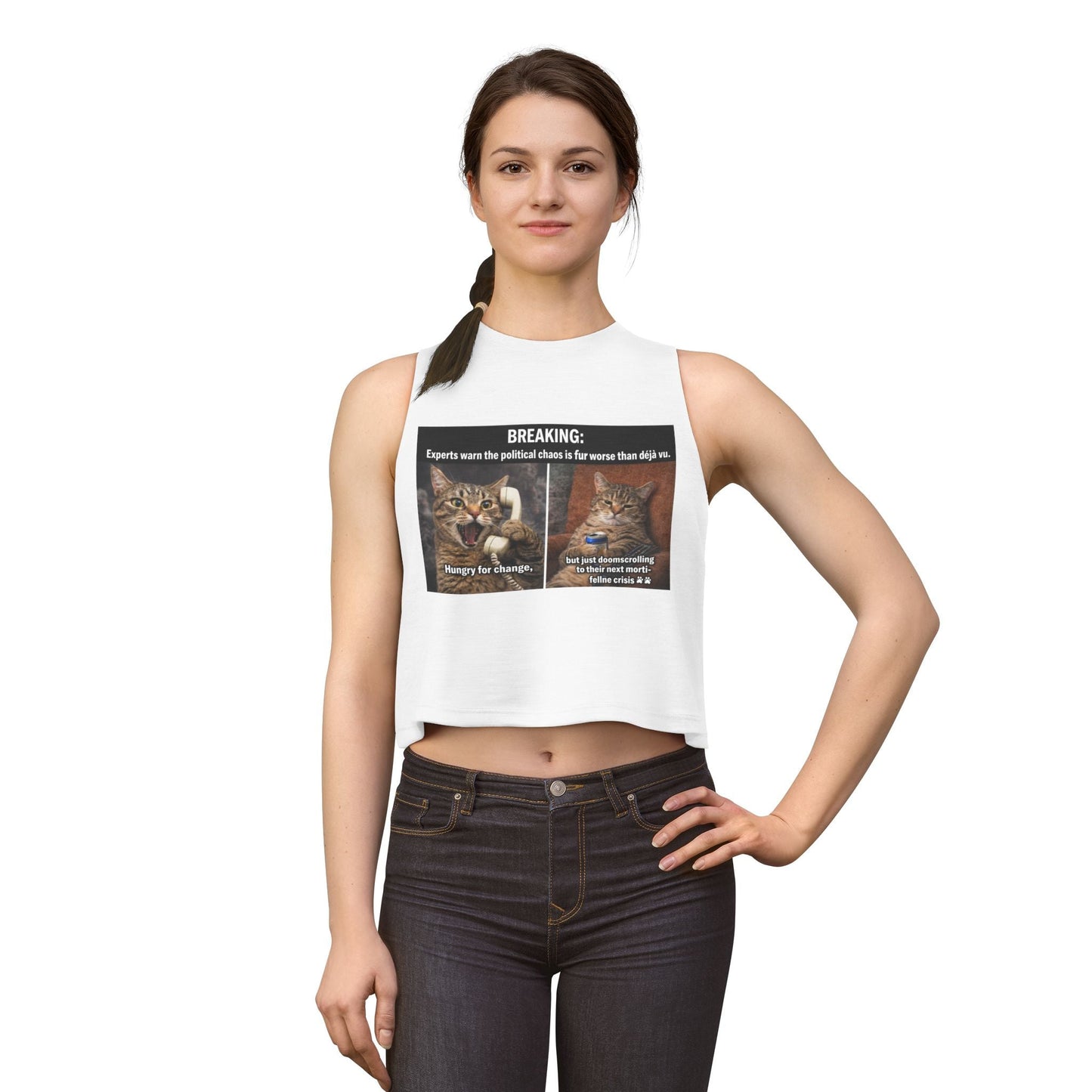 Cat Meme Crop Top — "BREAKING: Experts warn..." Humorous Political Chaos Graphic - FloofChonk