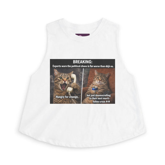 Cat Meme Crop Top — "BREAKING: Experts warn..." Humorous Political Chaos Graphic - FloofChonk