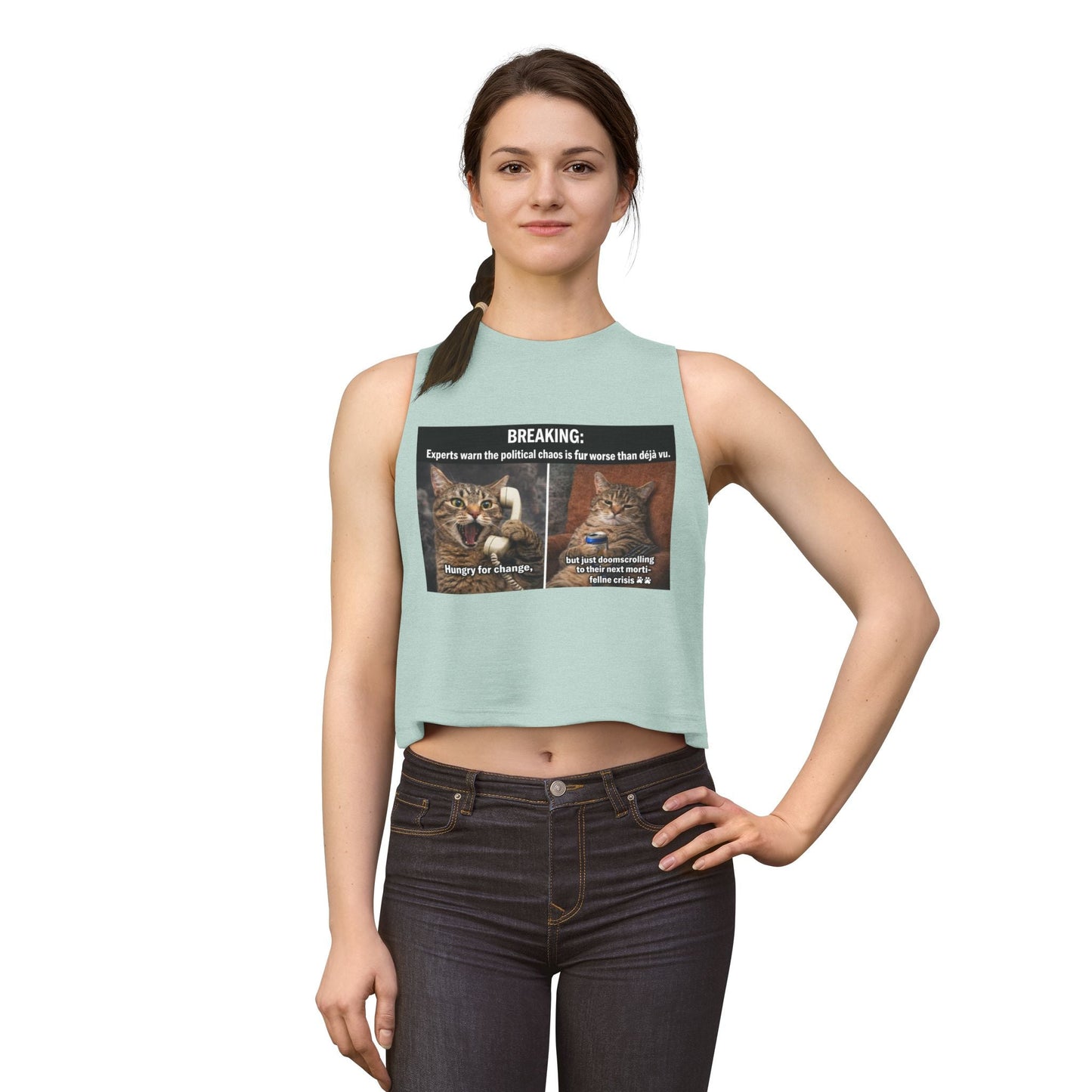 Cat Meme Crop Top — "BREAKING: Experts warn..." Humorous Political Chaos Graphic - FloofChonk