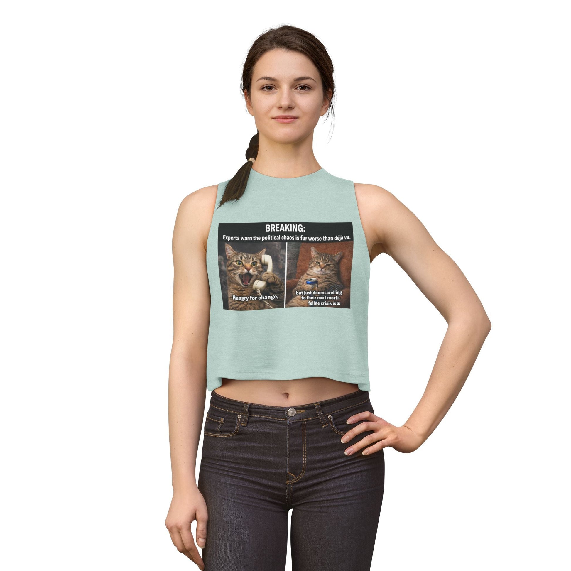 Cat Meme Crop Top — "BREAKING: Experts warn..." Humorous Political Chaos Graphic - FloofChonk