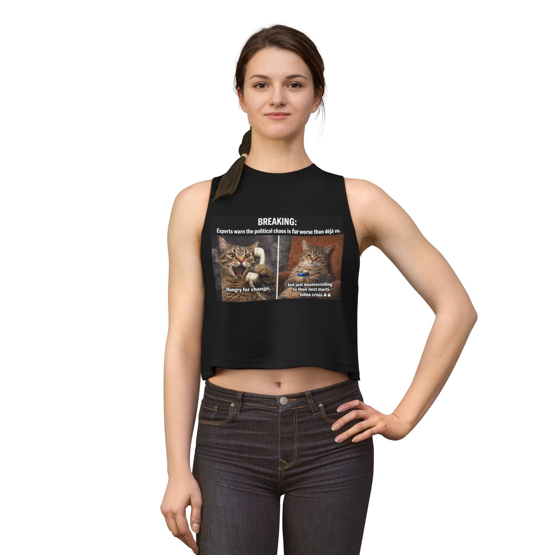 Cat Meme Crop Top — "BREAKING: Experts warn..." Humorous Political Chaos Graphic - FloofChonk