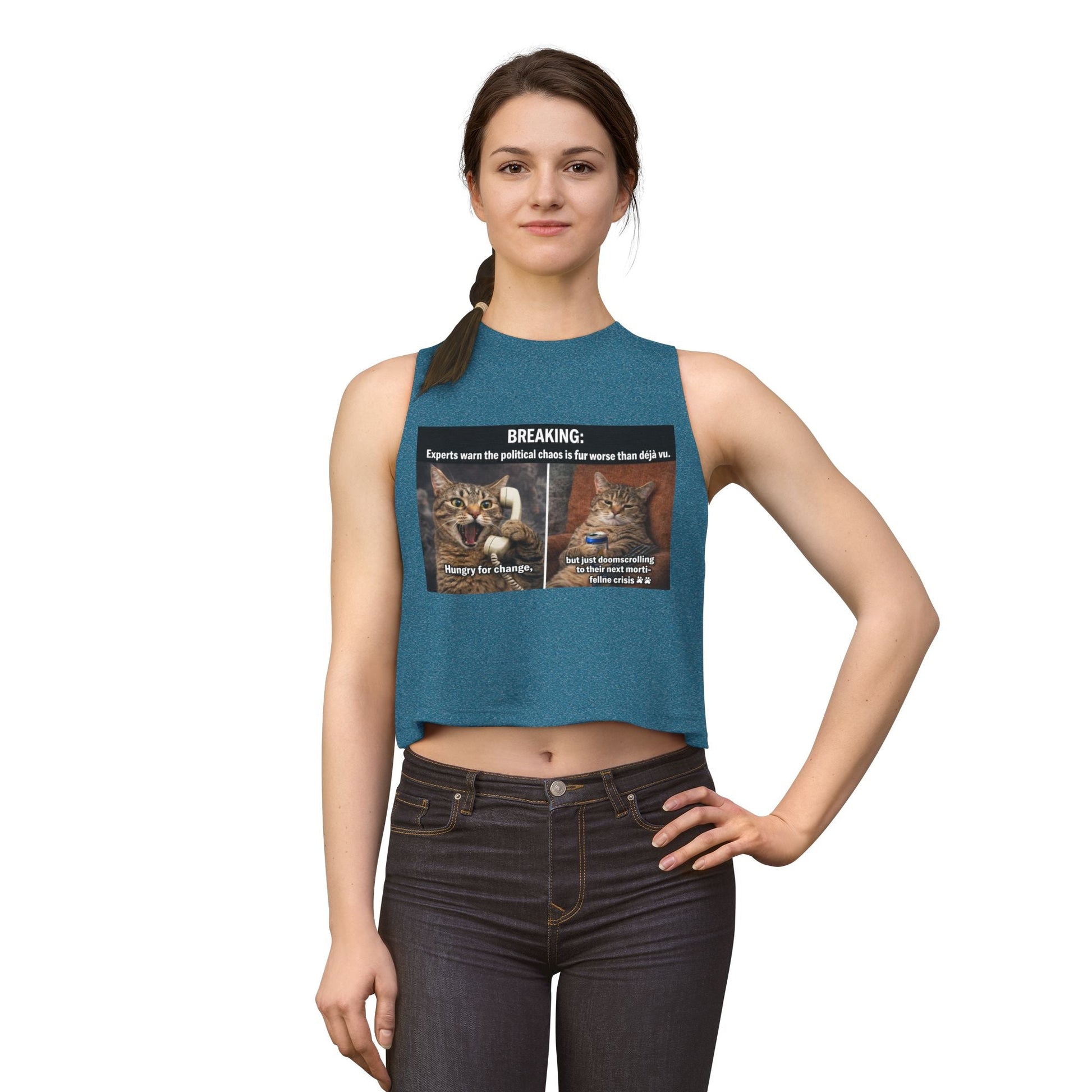 Cat Meme Crop Top — "BREAKING: Experts warn..." Humorous Political Chaos Graphic - FloofChonk