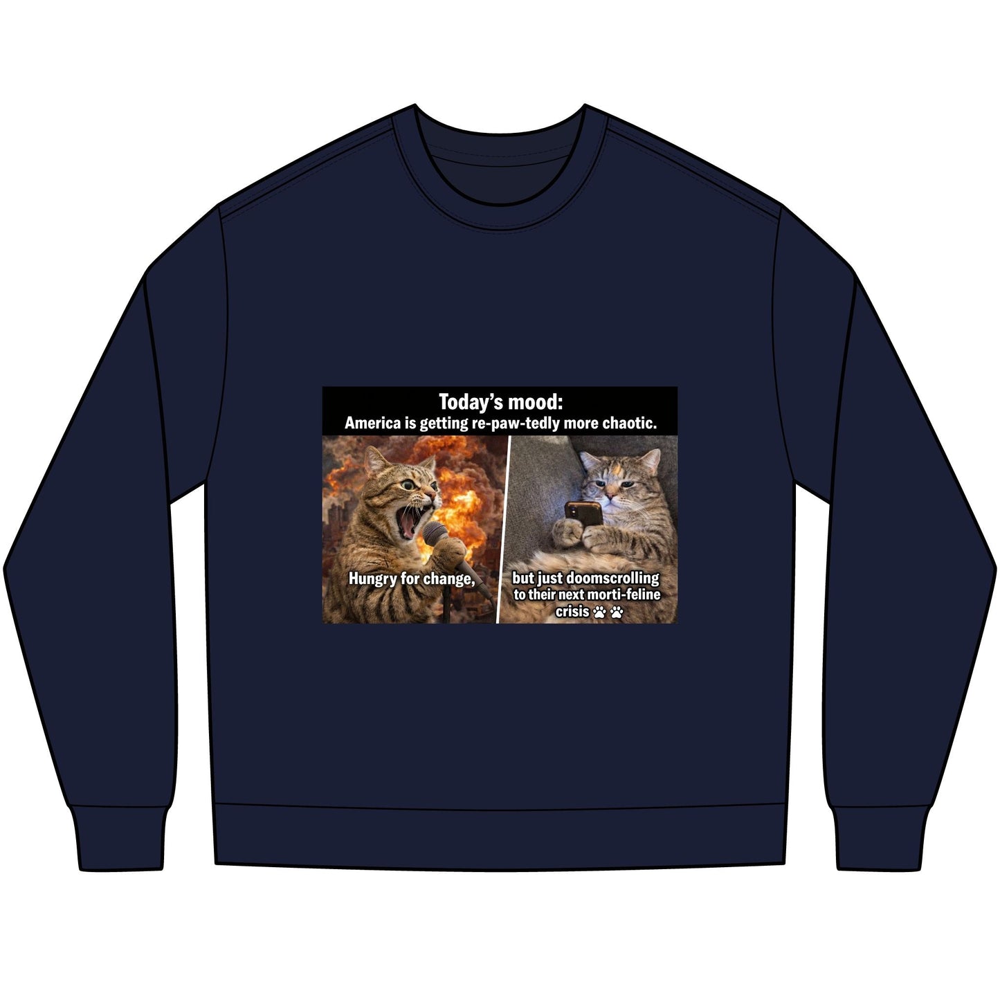 Cat Meme Long Sleeve Tee — "Today's mood: America is getting more paw - tastically chaotic" - FloofChonk