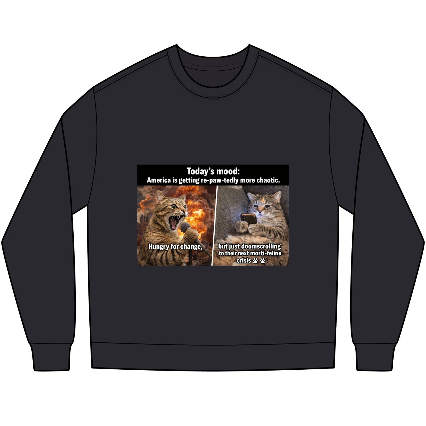 Cat Meme Long Sleeve Tee — "Today's mood: America is getting more paw - tastically chaotic" - FloofChonk