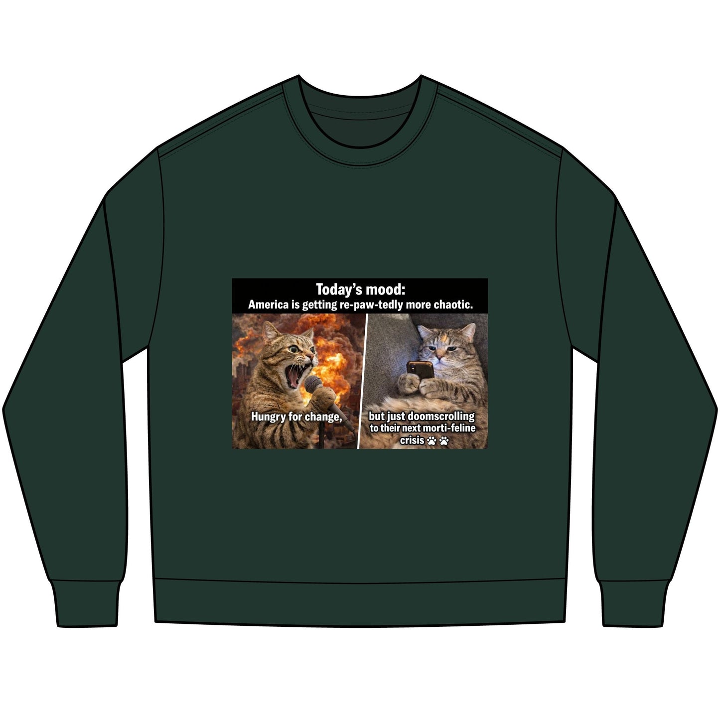 Cat Meme Long Sleeve Tee — "Today's mood: America is getting more paw - tastically chaotic" - FloofChonk