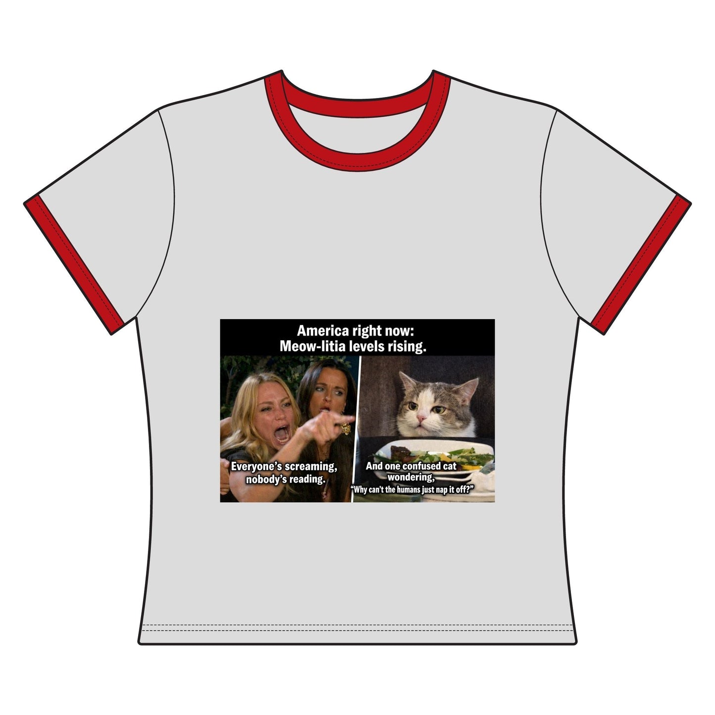 Cat Meme Ringer Tee — "Meow - ntain Levels Rising" Funny Women's T-Shirt - FloofChonk
