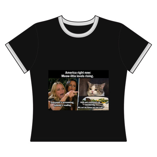 Cat Meme Ringer Tee — "Meow - ntain Levels Rising" Funny Women's T-Shirt - FloofChonk