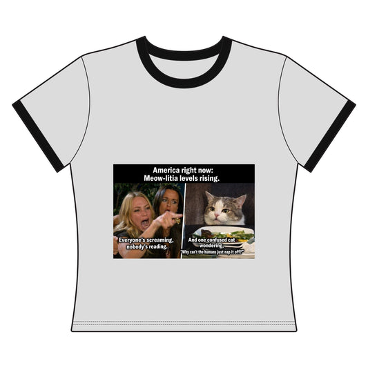 Cat Meme Ringer Tee — "Meow - ntain Levels Rising" Funny Women's T-Shirt - FloofChonk