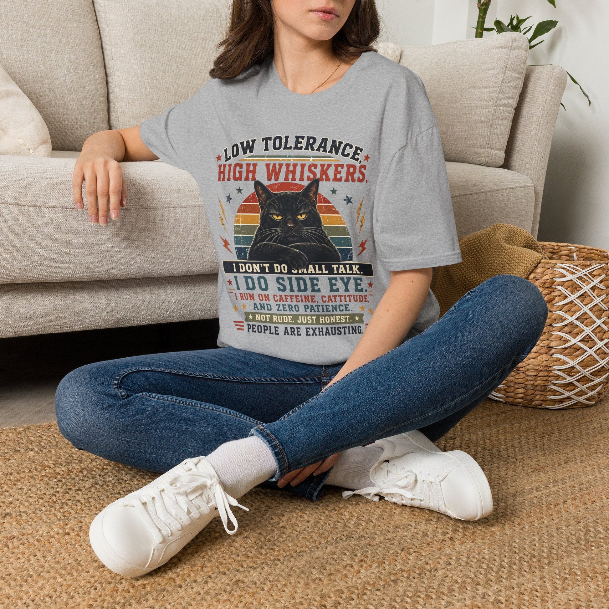 Cat T-Shirt — "Low Tolerance, High Whiskers" Vintage Black Cat Graphic Tee - FloofChonk