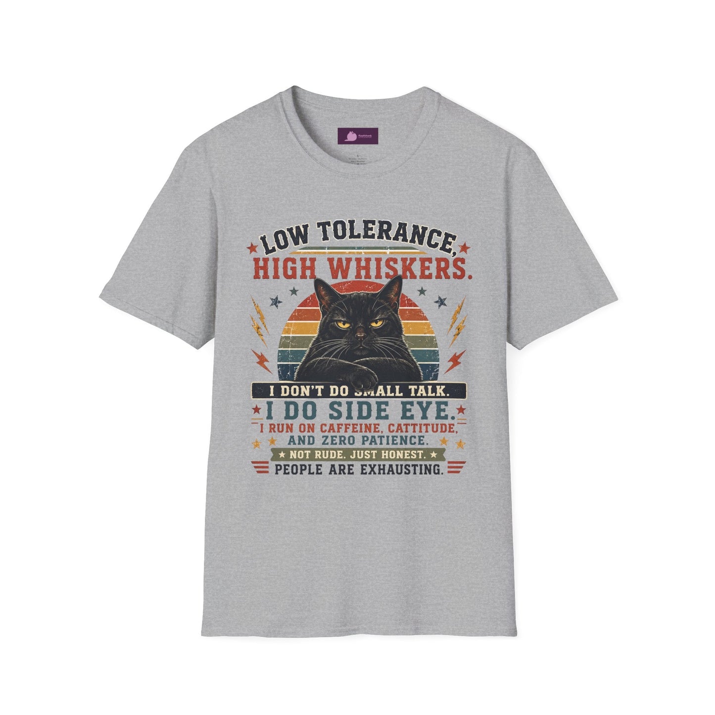 Cat T-Shirt — "Low Tolerance, High Whiskers" Vintage Black Cat Graphic Tee - FloofChonk