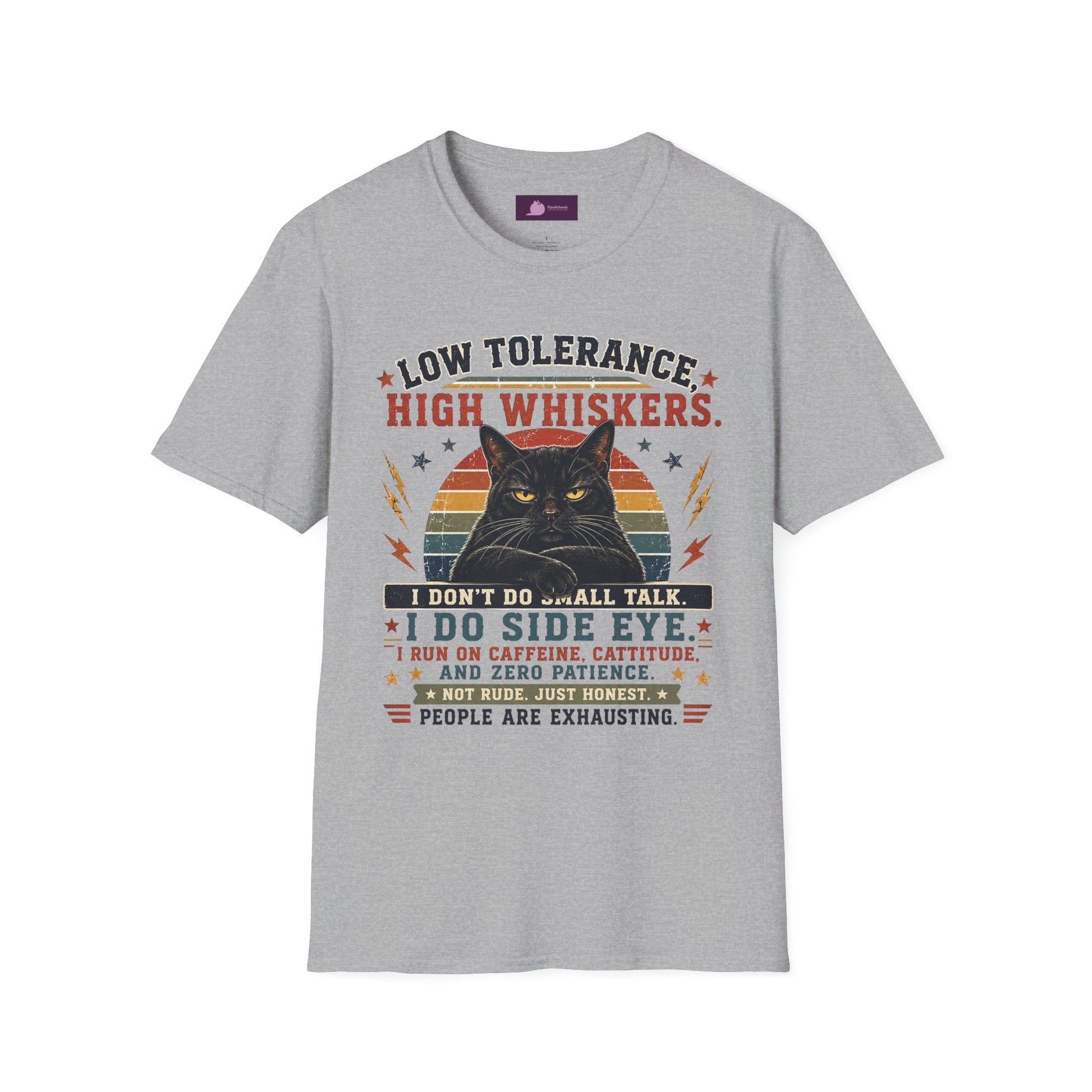 Cat T-Shirt — "Low Tolerance, High Whiskers" Vintage Black Cat Graphic Tee - FloofChonk
