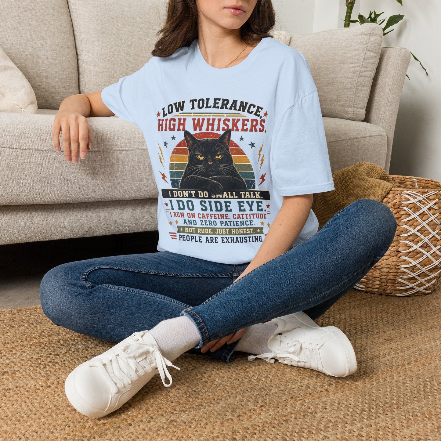 Cat T-Shirt — "Low Tolerance, High Whiskers" Vintage Black Cat Graphic Tee - FloofChonk