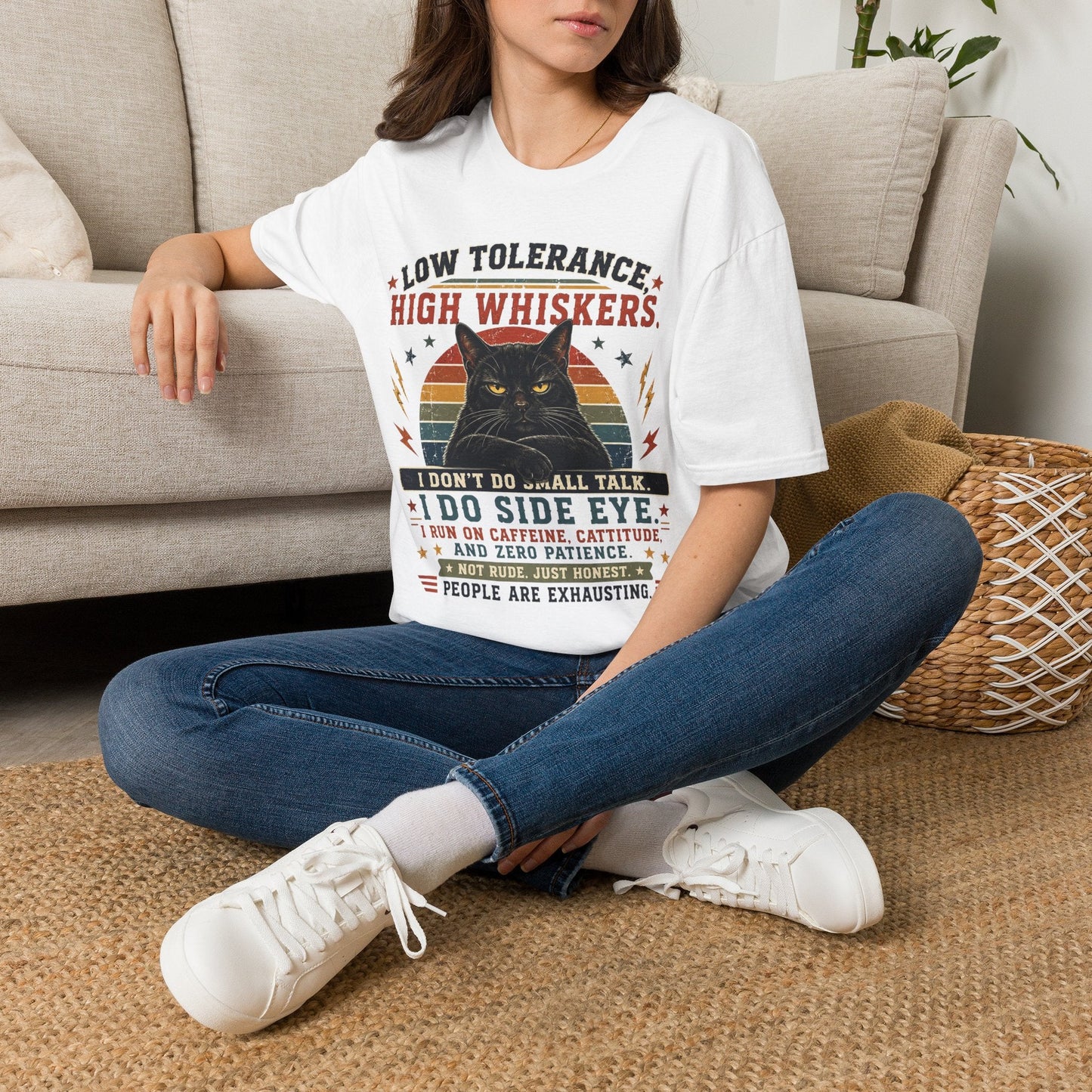 Cat T-Shirt — "Low Tolerance, High Whiskers" Vintage Black Cat Graphic Tee - FloofChonk