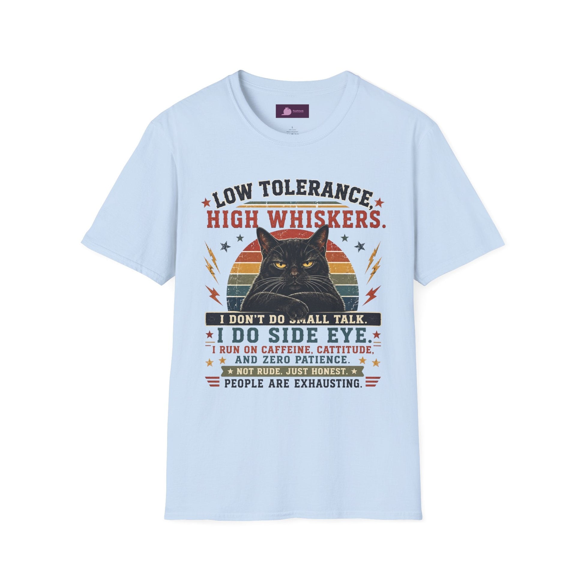 Cat T-Shirt — "Low Tolerance, High Whiskers" Vintage Black Cat Graphic Tee - FloofChonk