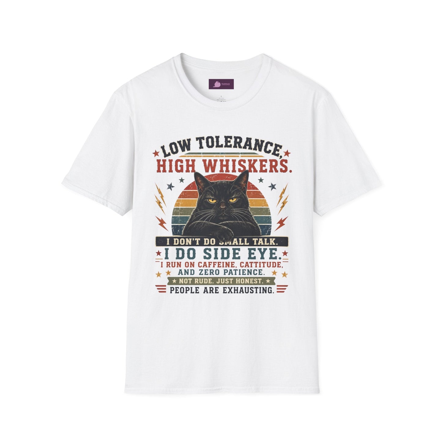 Cat T-Shirt — "Low Tolerance, High Whiskers" Vintage Black Cat Graphic Tee - FloofChonk